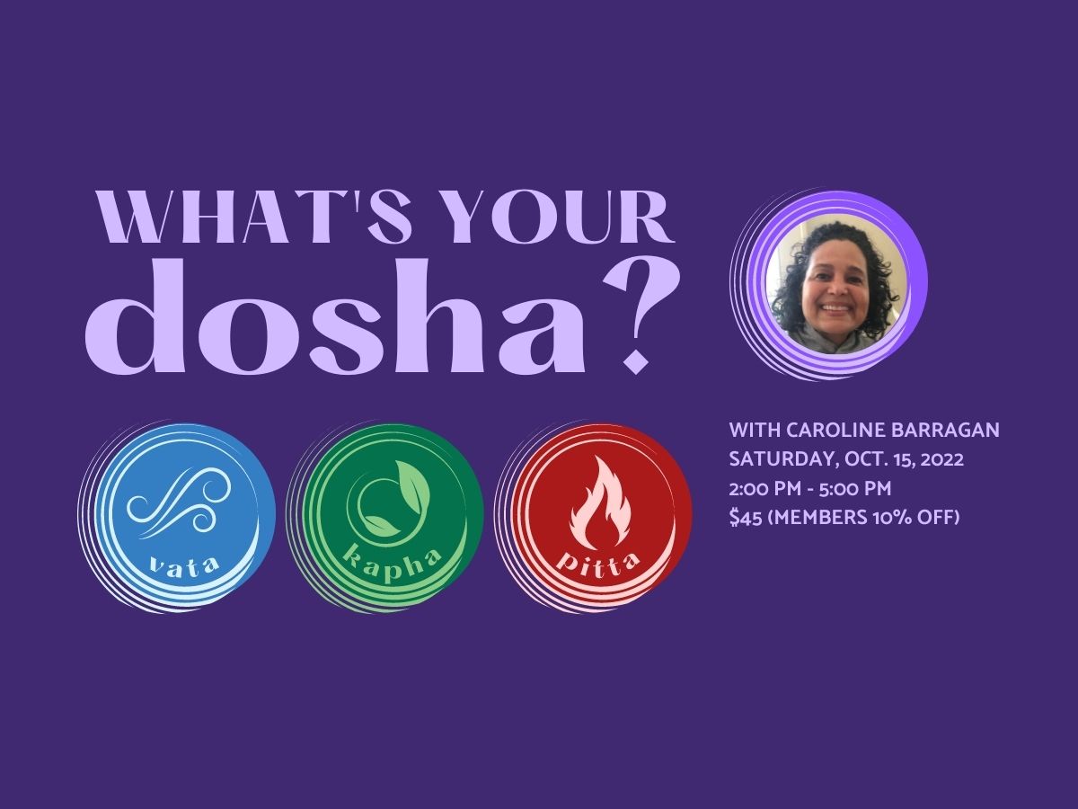 Purple graphic announcing the "Whats Your Dosha" workshop.